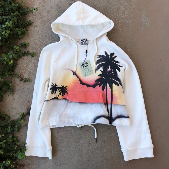 Pam & Gela Tops - Pam & Gela Palm Tree Graffiti Crop Pullover Hoodie